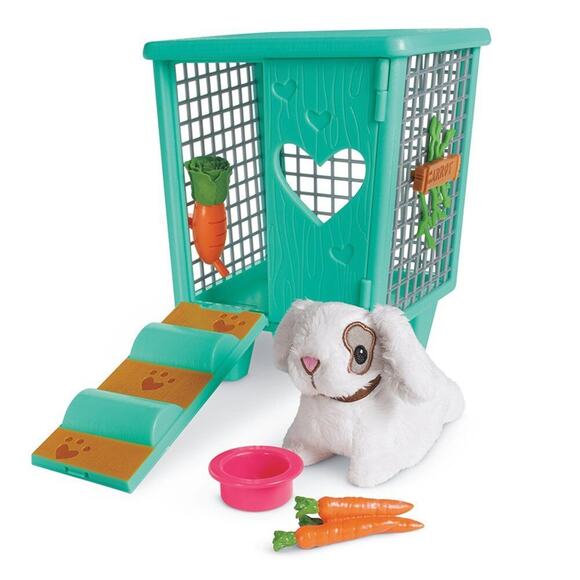 American Girl CARROT BUNNY Plush & HUTCH Rabbit Cage Bottle Dish Wellie Wishers! - Picture 1 of 5